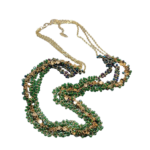 Coldwater Creek Necklace Gold tone Green Glass Beads LONG 36"