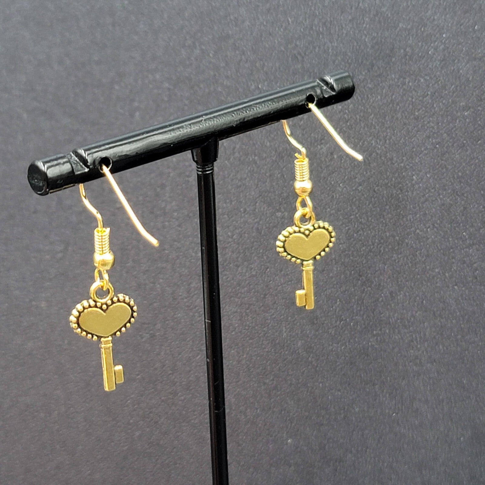 New Ornate Heart Skeleton Key Pierced Earrings Gold tone Dangle 5/8"