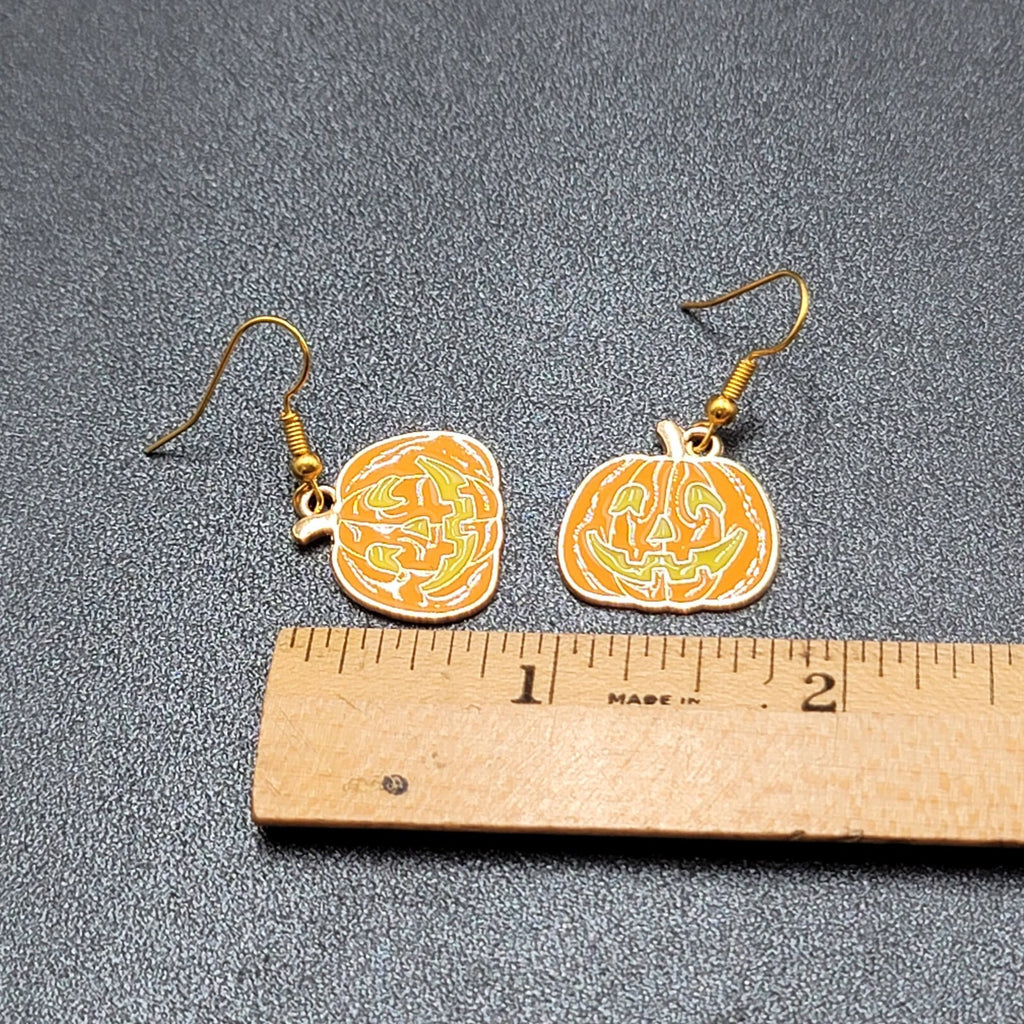 New Jack o Lantern Pumpkin Pierced Earrings Gold tone Enamel Dangle 3/4"