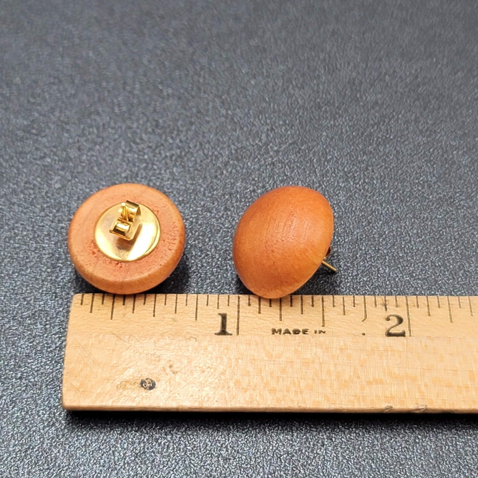 Vintage Pierced Earrings Wood Dome Round Studs 3/4"