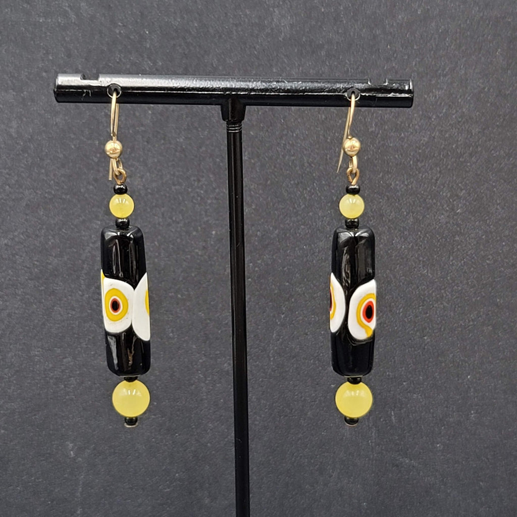 Pierced Earrings Gold tone Black Yellow White Art Glass Barrel Bead 1 7/8"