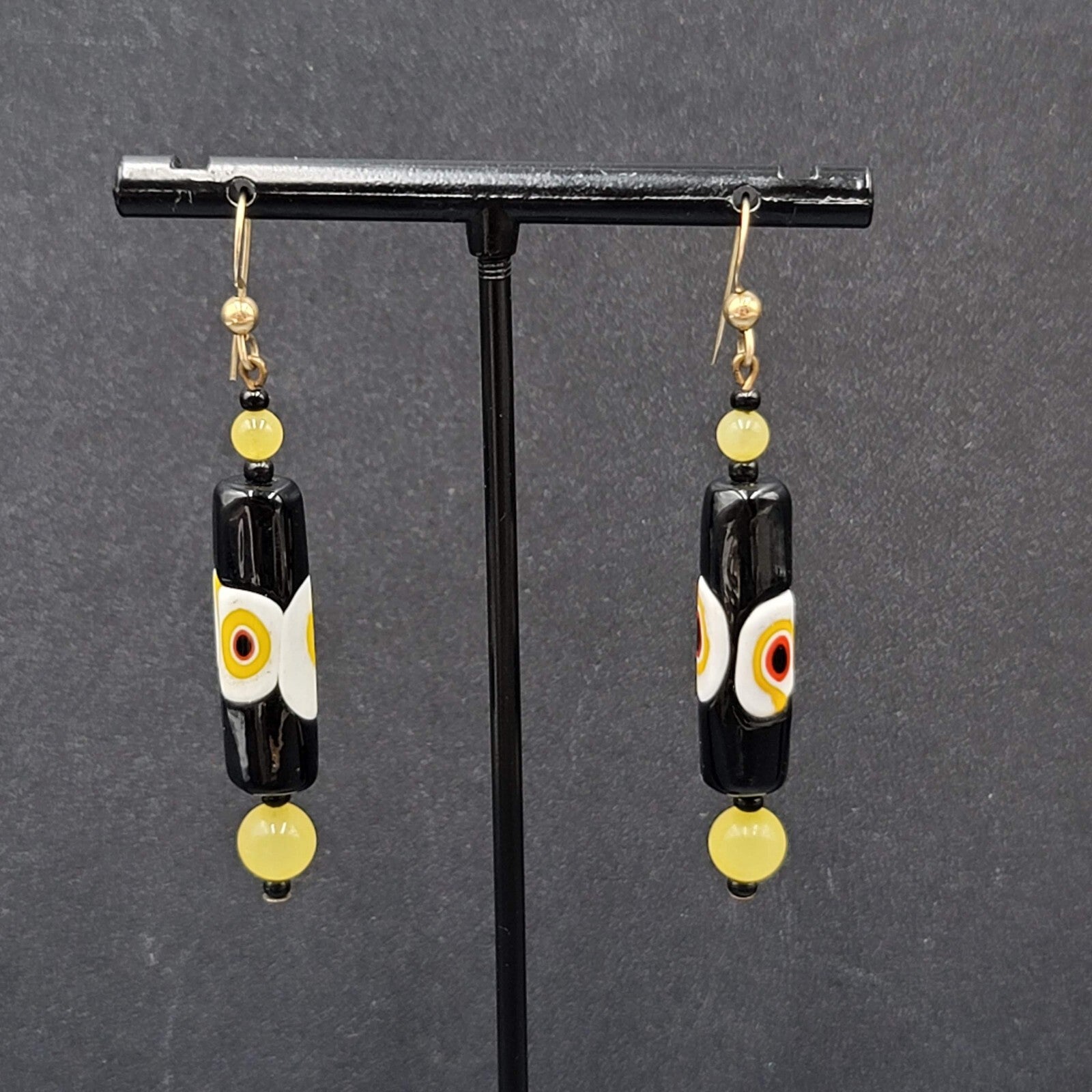 Pierced Earrings Gold tone Black Yellow White Art Glass Barrel Bead 1 7/8"