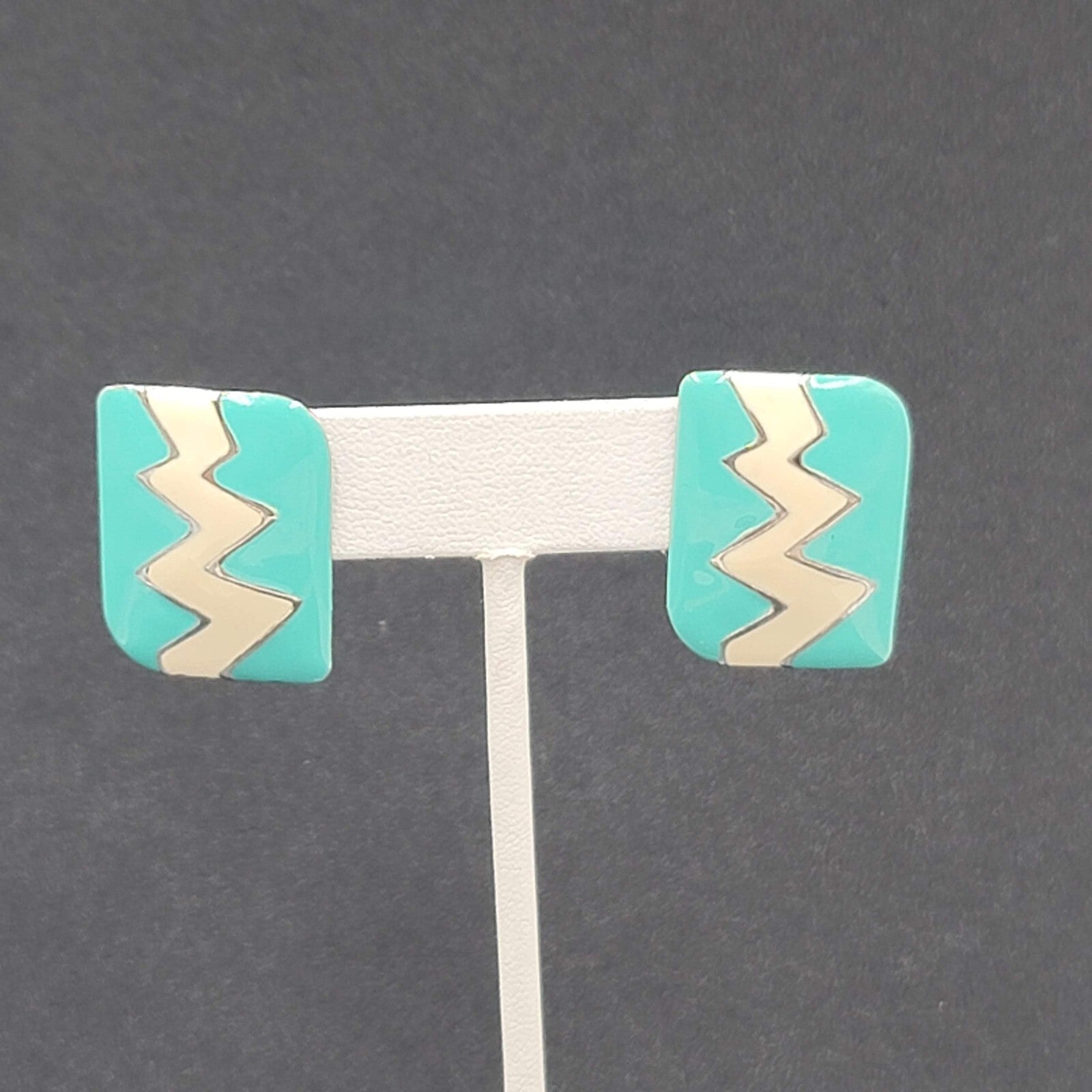 Vintage Pierced Earrings Silver tone Blue Enamel Statement Drop1 1/8"