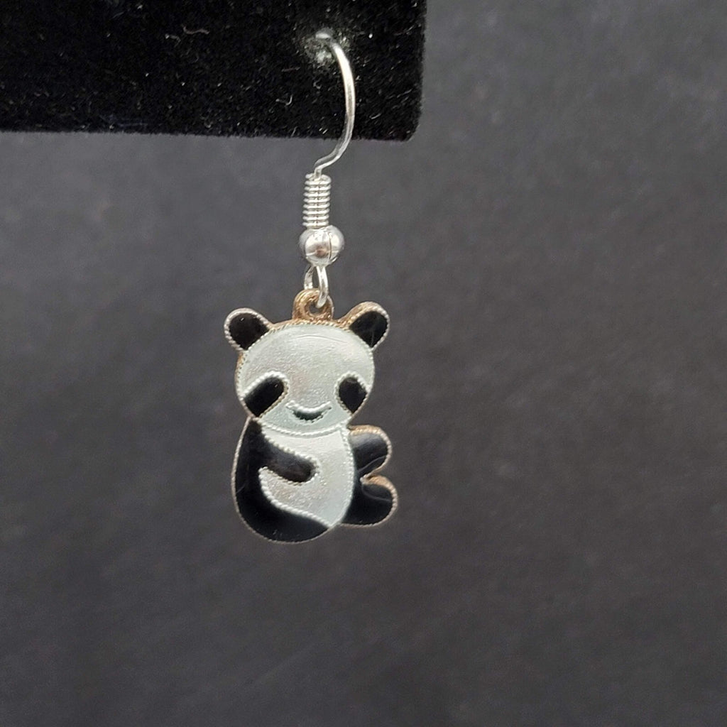 Panda Sterling Silver Pierced Earrings Enamel Dangle 3/4"
