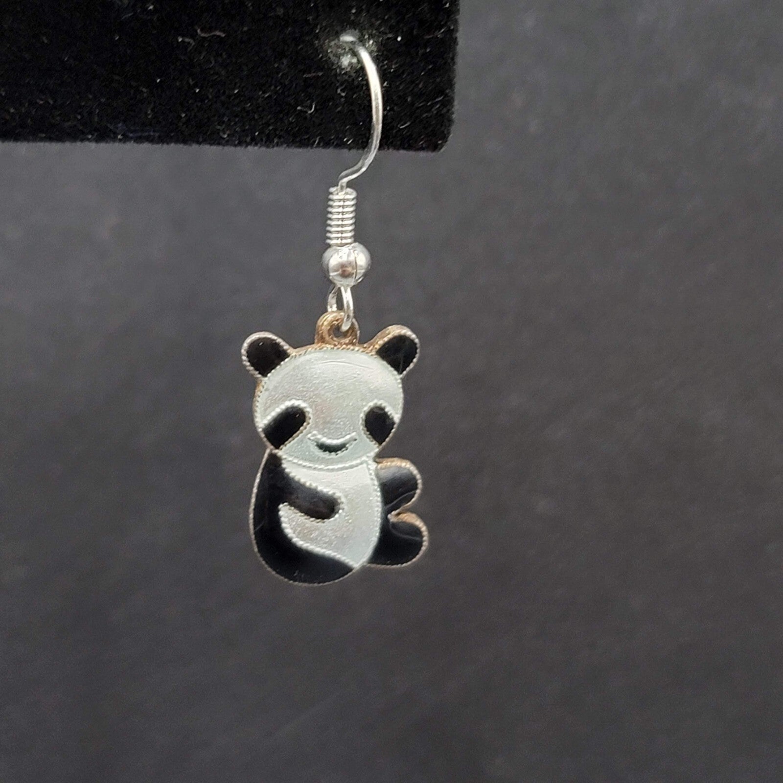 Panda Sterling Silver Pierced Earrings Enamel Dangle 3/4"