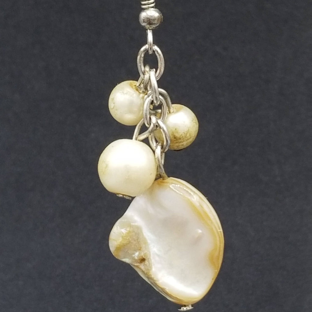 Pierced Earrings Silver tone White Shell Bead Dangle Beach Theme 1.5"