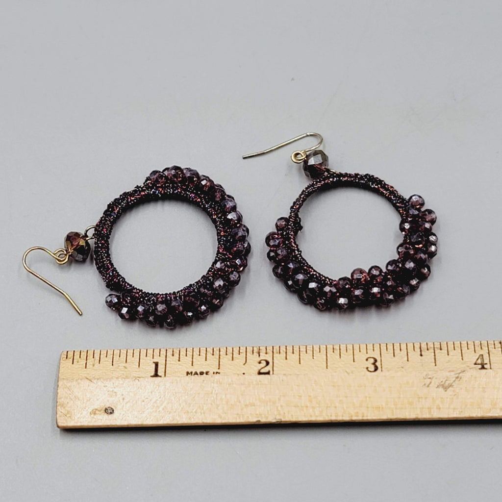 Purple Crystal Bead Pierced Earrings Thread Covered Open Hoop 1.75"