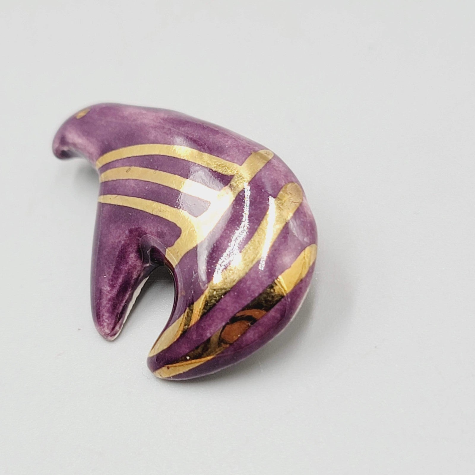 Vintage Ceramic Purple and Gold Bear Brooch Hand Painted 1 3/8"