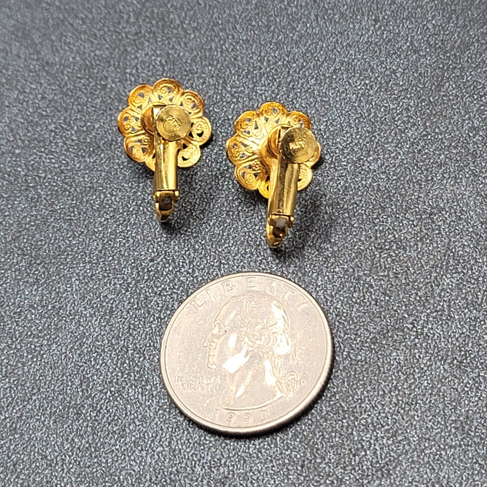 Vintage Clip on Earrings Gold tone Faux Pearl Filigree Flower Studs 1/2"