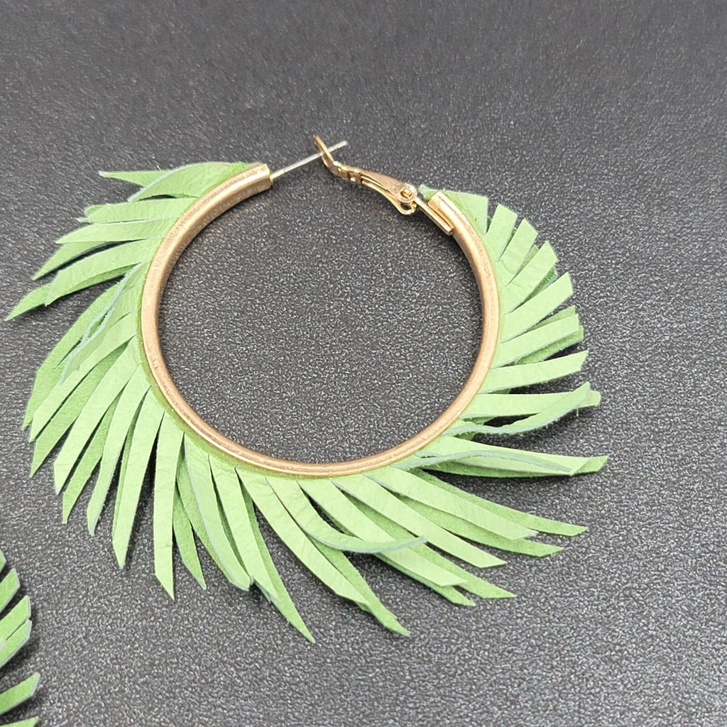 Pierced Earrings Green Fringe Gold tone Hoops Dangle