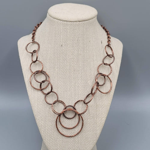 Copper Tone Statement Necklace Hammered Circle Link Chain Adjustable 18-20"