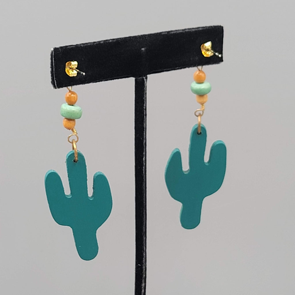 Vintage Wood Cactus Pierced Earrings Bead Dangle 2.75"