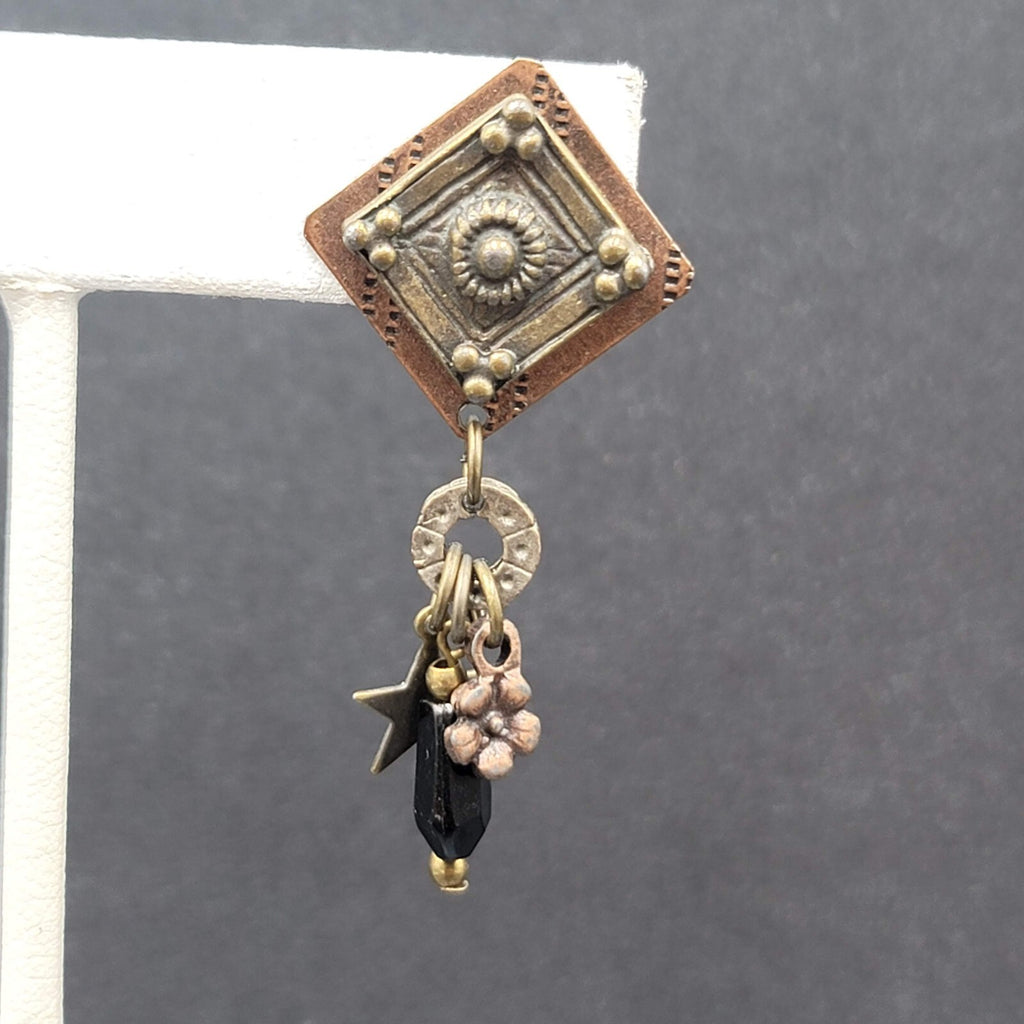 Pierced Earrings Copper and Silver tone Star Black Beads Layered Dangle 2"