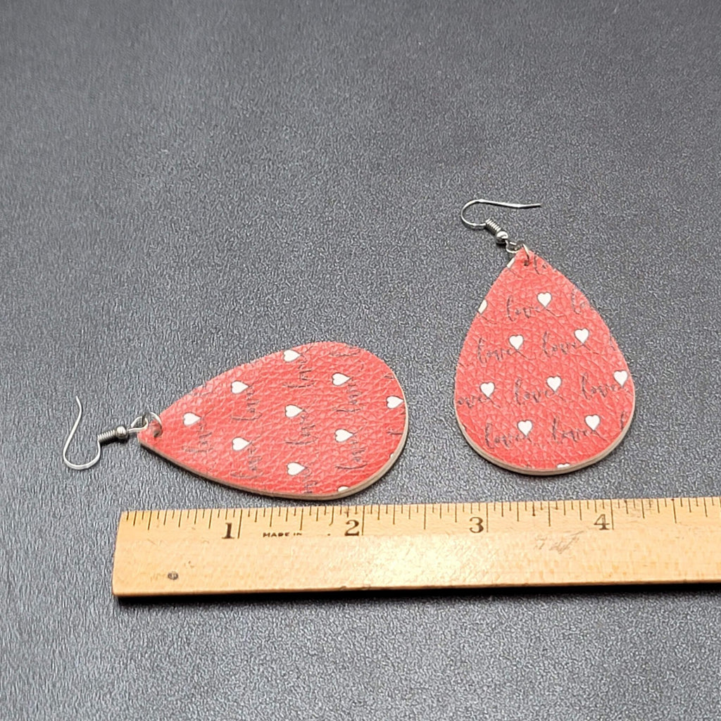 Love Pierced Earrings Faux Leather Valentines Day Teardrop Dangle 2.25"