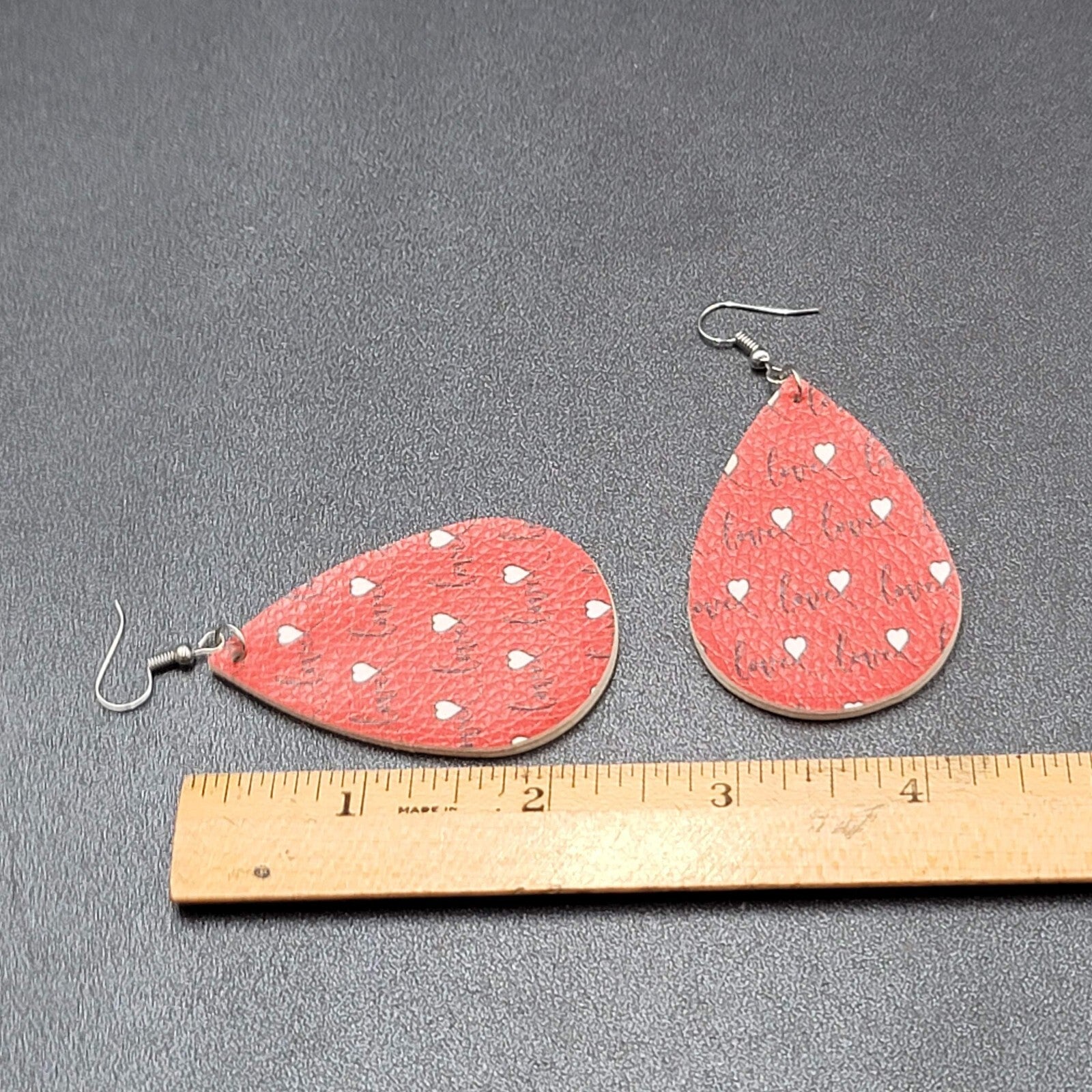 Love Pierced Earrings Faux Leather Valentines Day Teardrop Dangle 2.25"