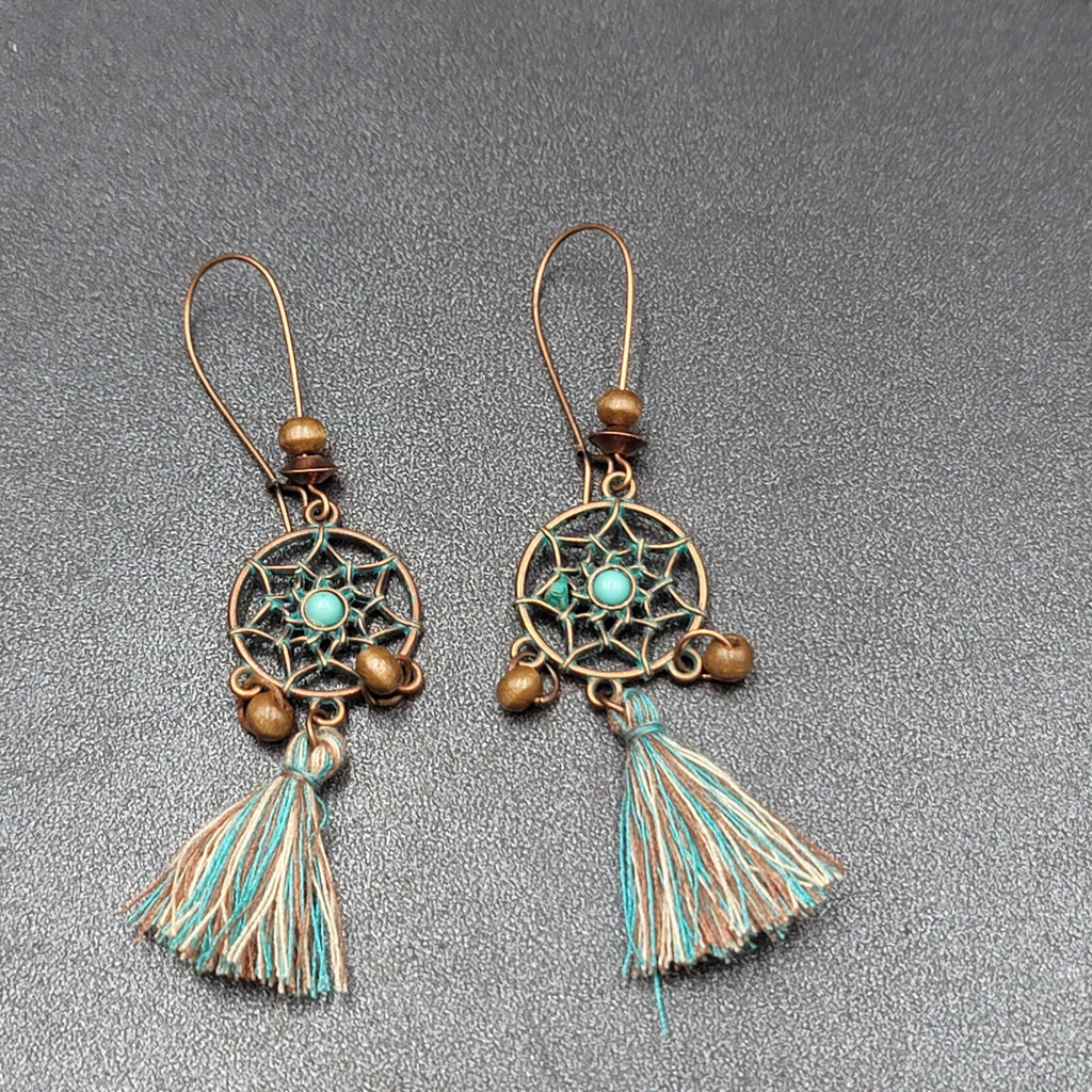 New Boho Pierced Earrings Copper tone Dreamcatcher Wood Bead Blue Tassel 2"