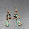 New Boho Pierced Earrings Copper tone Dreamcatcher Wood Bead Blue Tassel 2"