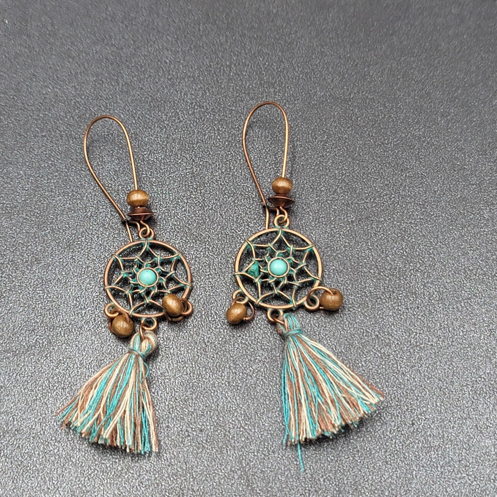 New Boho Pierced Earrings Copper tone Dreamcatcher Wood Bead Blue Tassel 2"