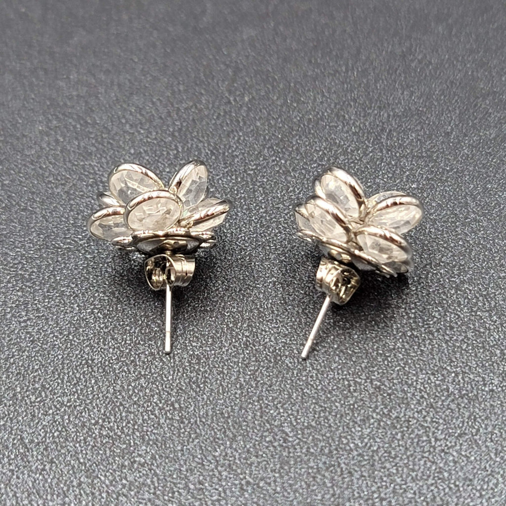 Flower Pierced Earrings Silver tone Clear Faceted Glass Studs 5/8"