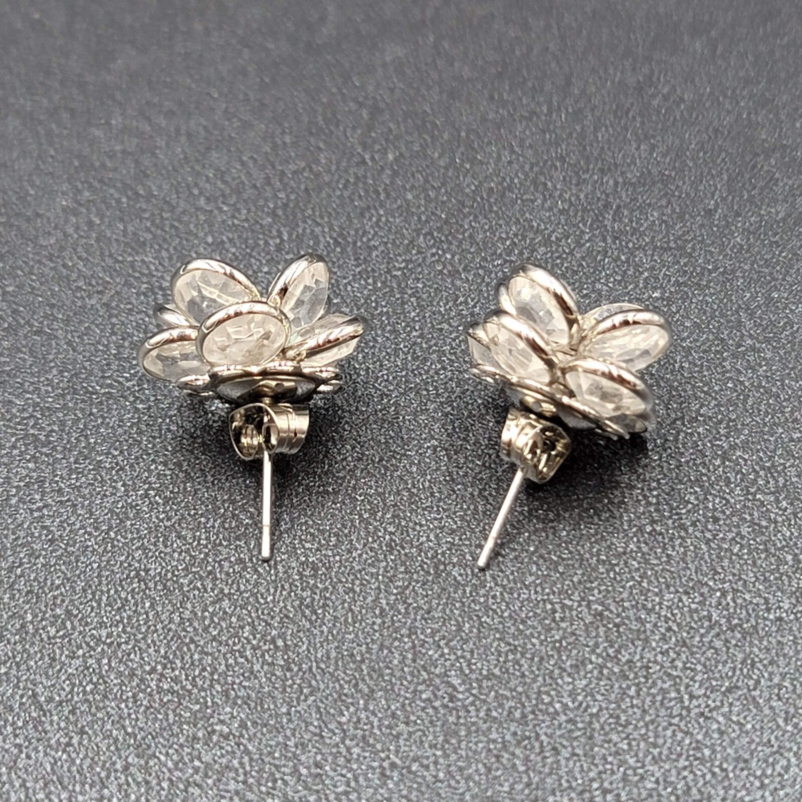 Flower Pierced Earrings Silver tone Clear Faceted Glass Studs 5/8"
