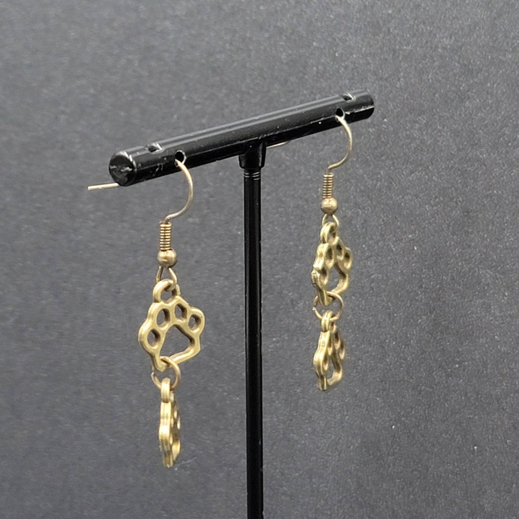 New Pierced Earrings Bronze tone Puppy Dog Paw Prints Dangle 1"