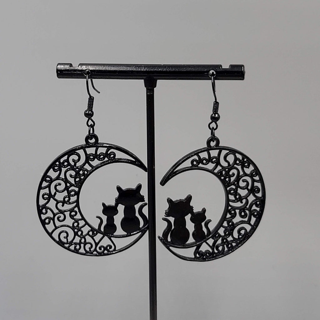 Cat Pierced Earrings Moon Black Enamel Silhouette Dangle 1 5/8"