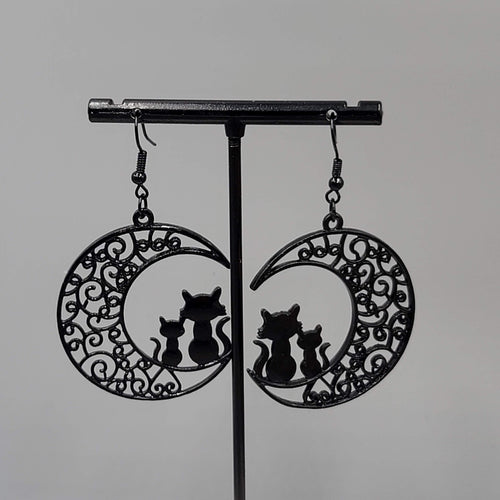 Cat Pierced Earrings Moon Black Enamel Silhouette Dangle 1 5/8"