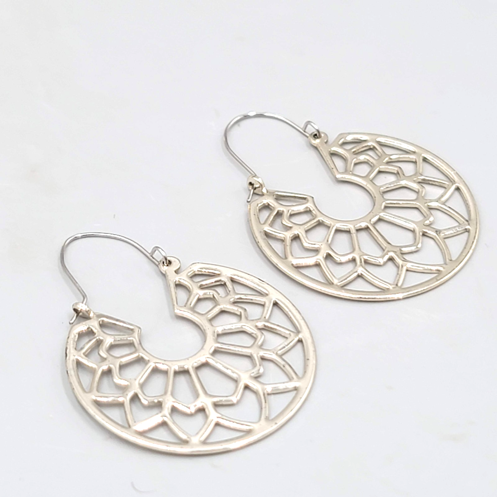 Open Work Hoops Pierced Earrings Silver tone Dangle Geometric 1.25 in