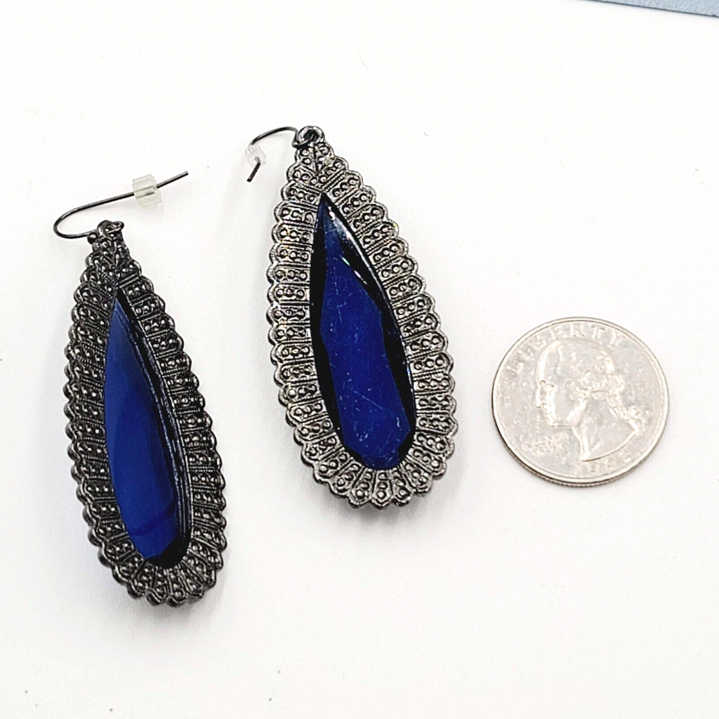 Pierced Earrings Black Metal Large Blue Glass Faceted Teardrop Gothic 2 1/8"