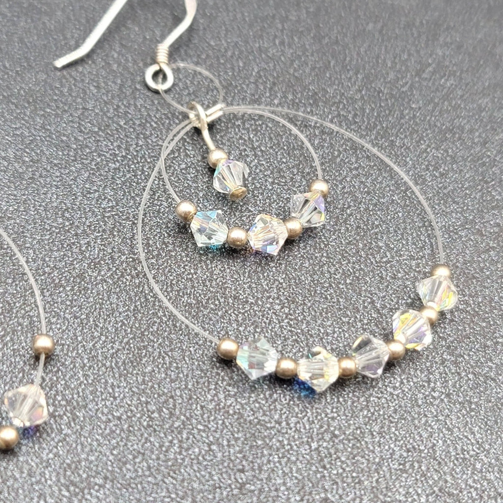 Pierced Earrings Floating Bicone AB Crystal Bead Dangle Hoops 1.75"