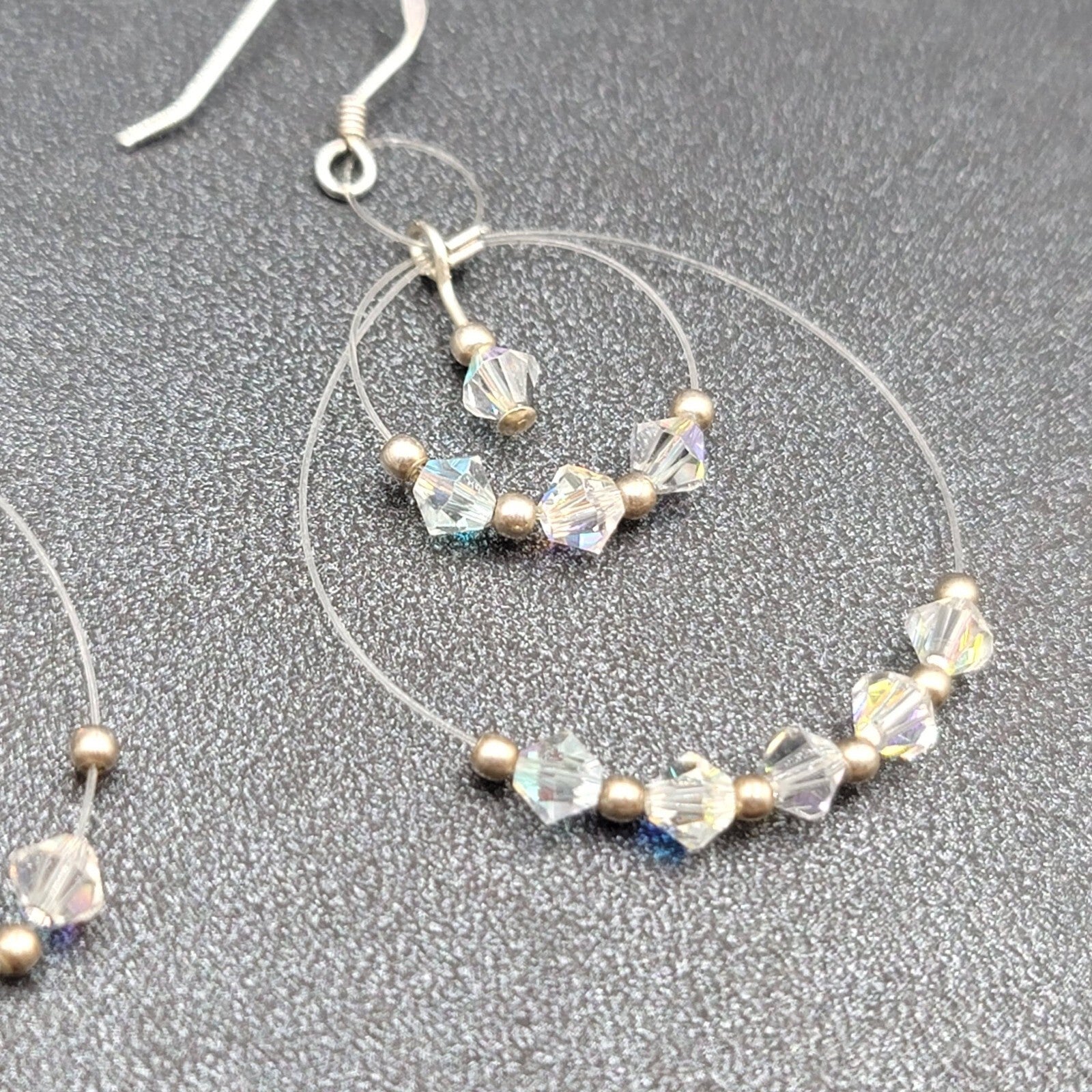 Pierced Earrings Floating Bicone AB Crystal Bead Dangle Hoops 1.75"