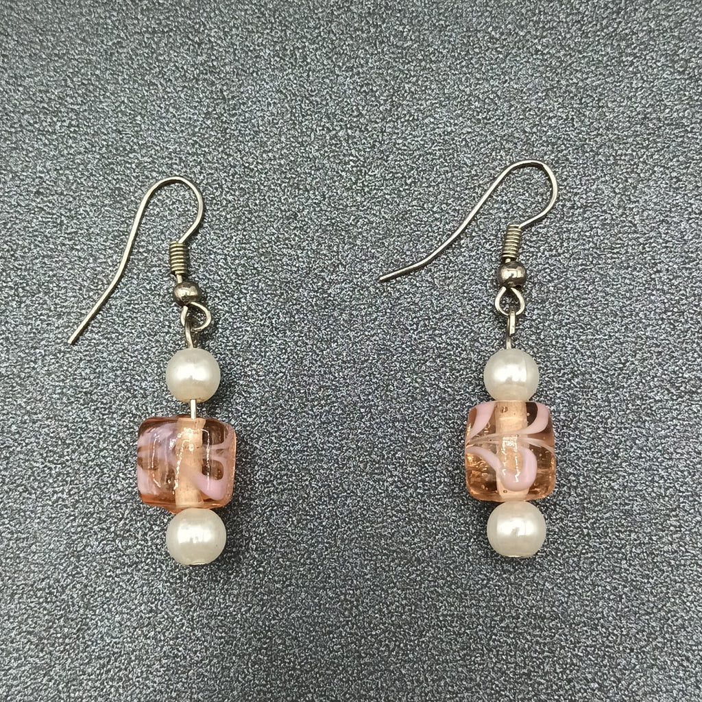 Pierced Earrings Silver tone Pink Art Glass Faux Pearl Asymmetrical Dangle 1"