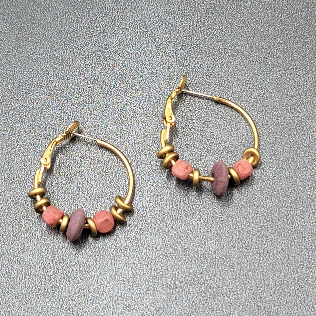 Vintage Pierced Earrings Gold tone Pink Purple Wood Beaded Hoops 1"