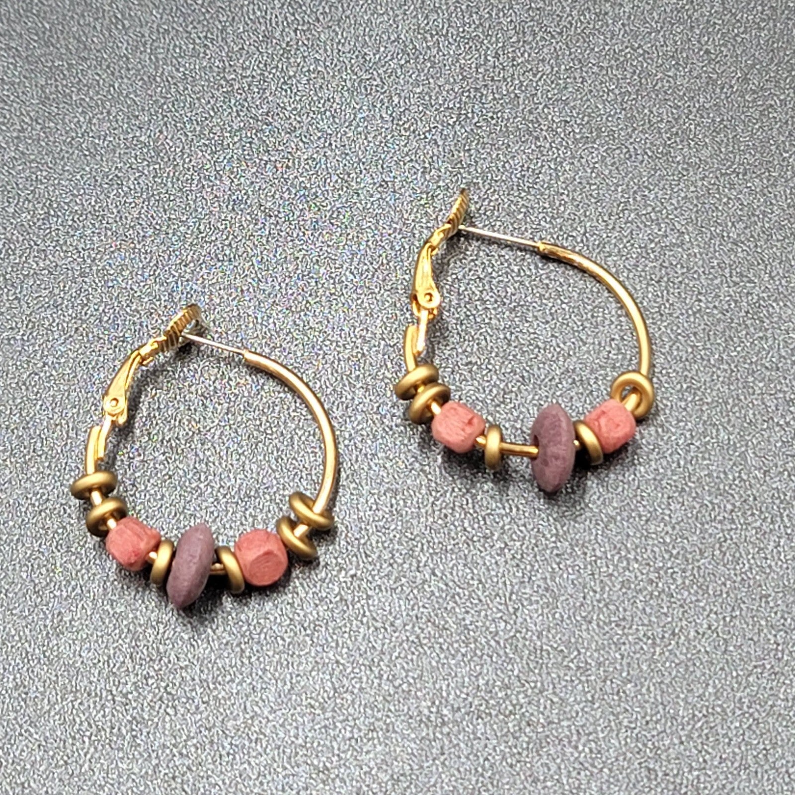 Vintage Pierced Earrings Gold tone Pink Purple Wood Beaded Hoops 1"
