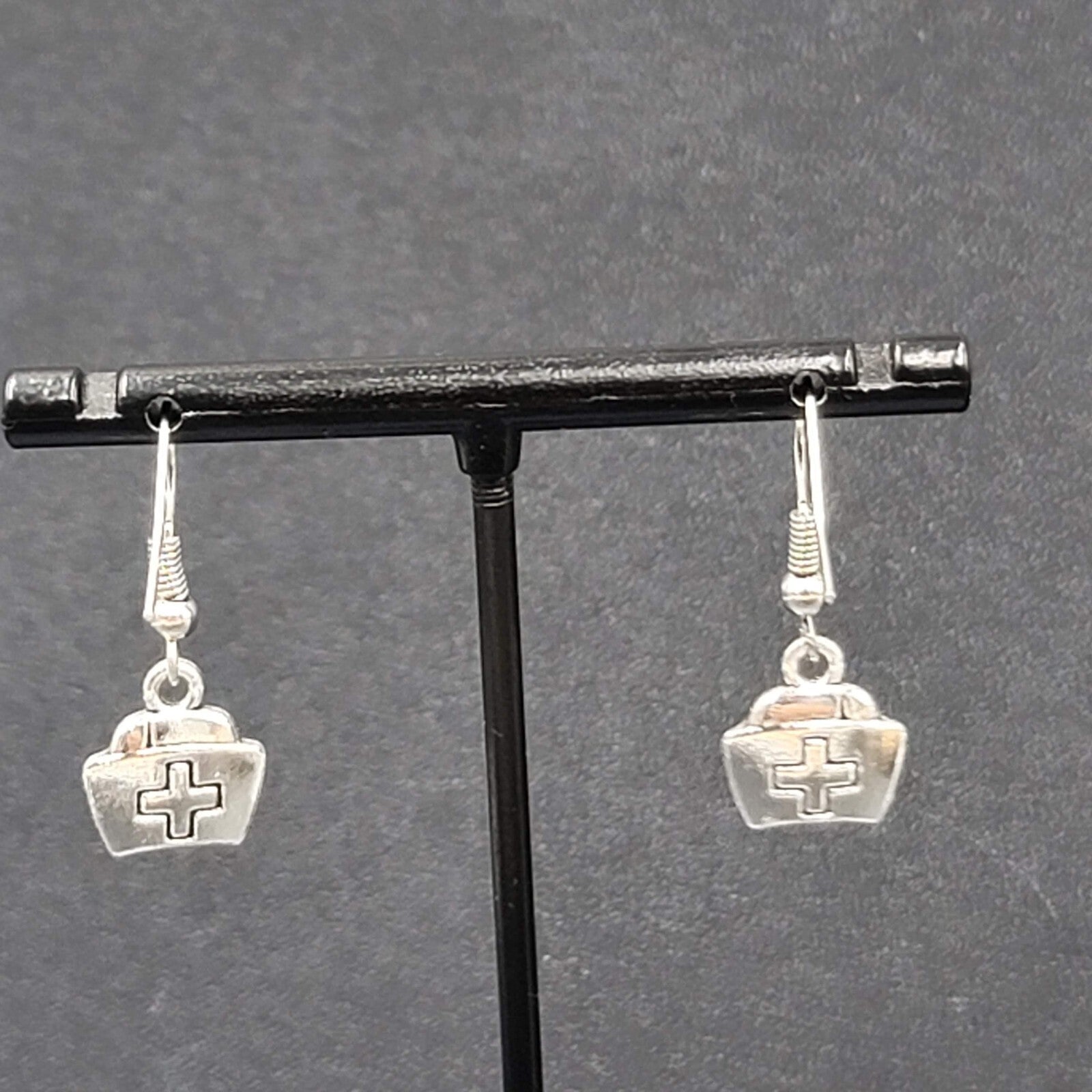 Nurse Cap Pierced Earrings Silver tone Retro Medical Dangle 1/2"