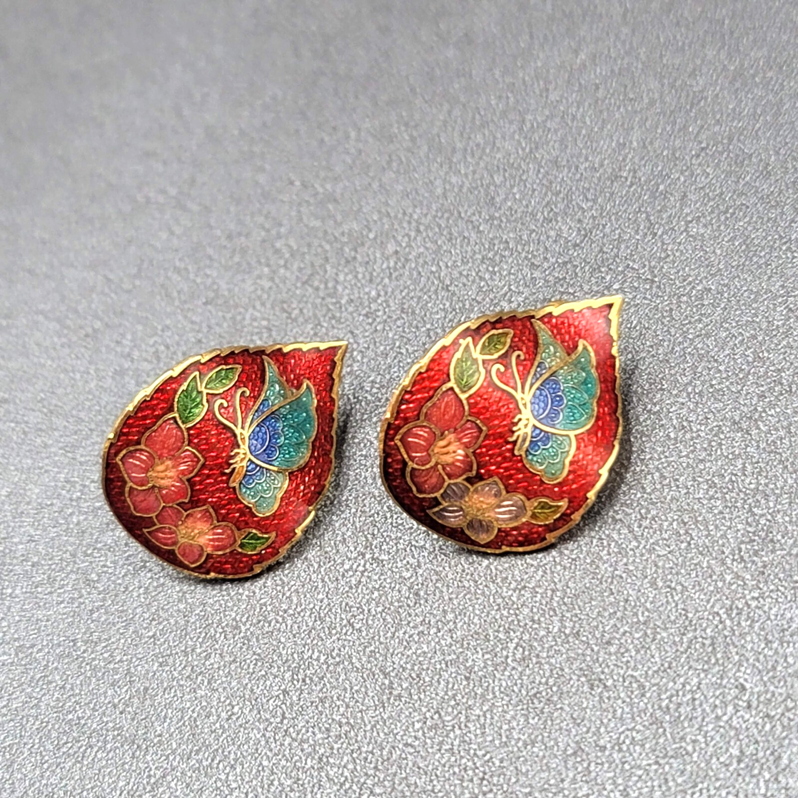 Vintage Clip on Earrings Cloisonne Enamel Flower Butterfly Red Drop 1"