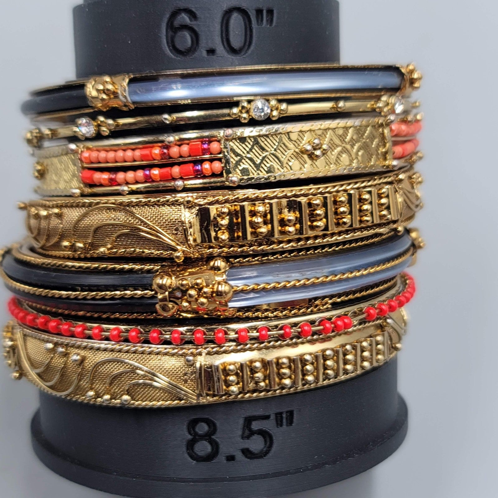 Gold Tone Black Enamel Red Bead Stackable Bangle Bracelet Lot of 7 Ethnic Indian