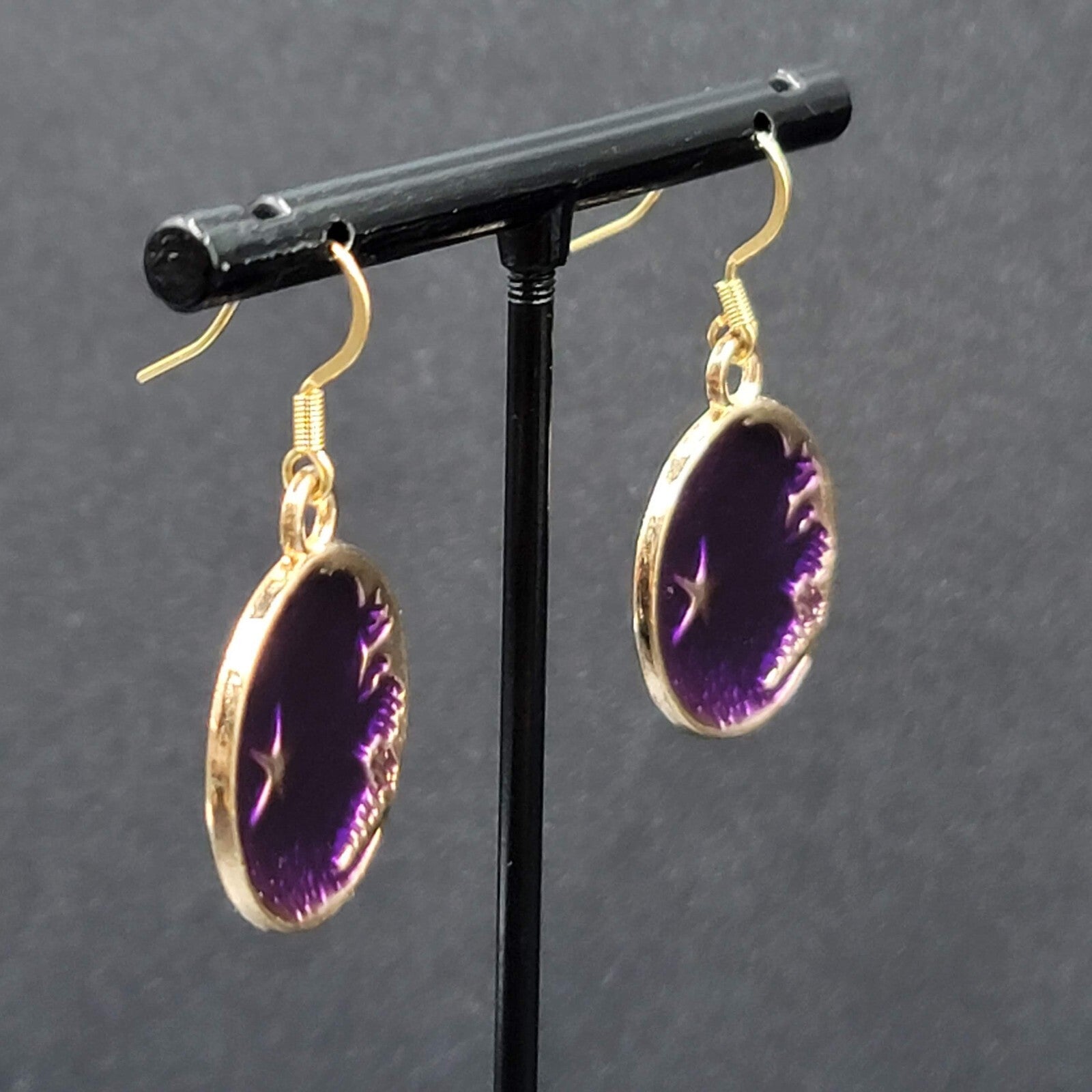 New Round Moon Pierced Earrings Gold tone Purple Enamel Dangle 1"