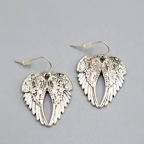 Crystal Angel Wings Pierced Earrings Silver tone Dangle 1"