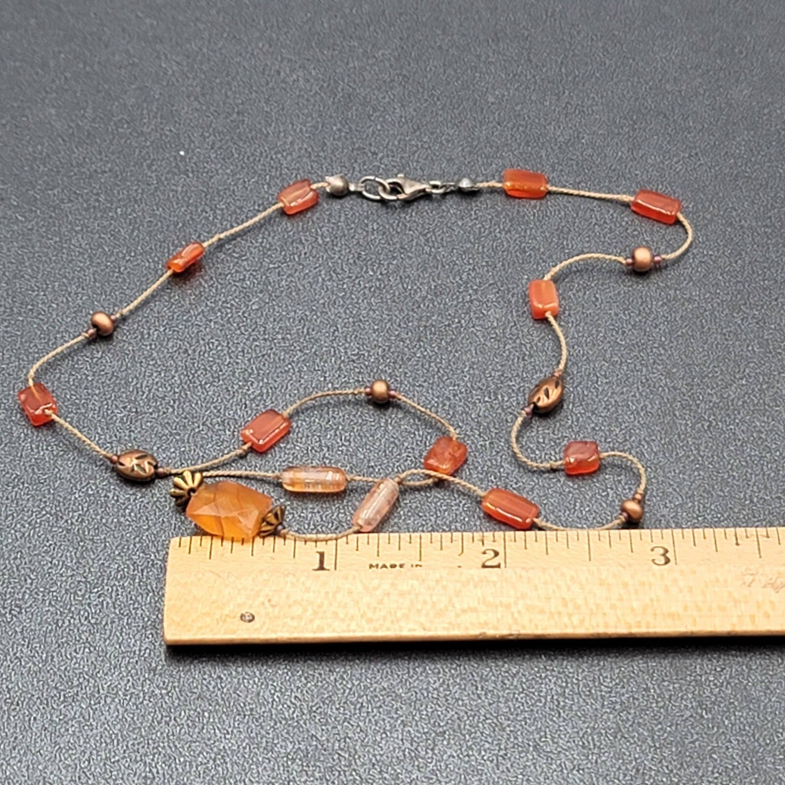 Dainty Orange Stone Necklace Hand Knotted Cord Station Copper tone Metal 17"