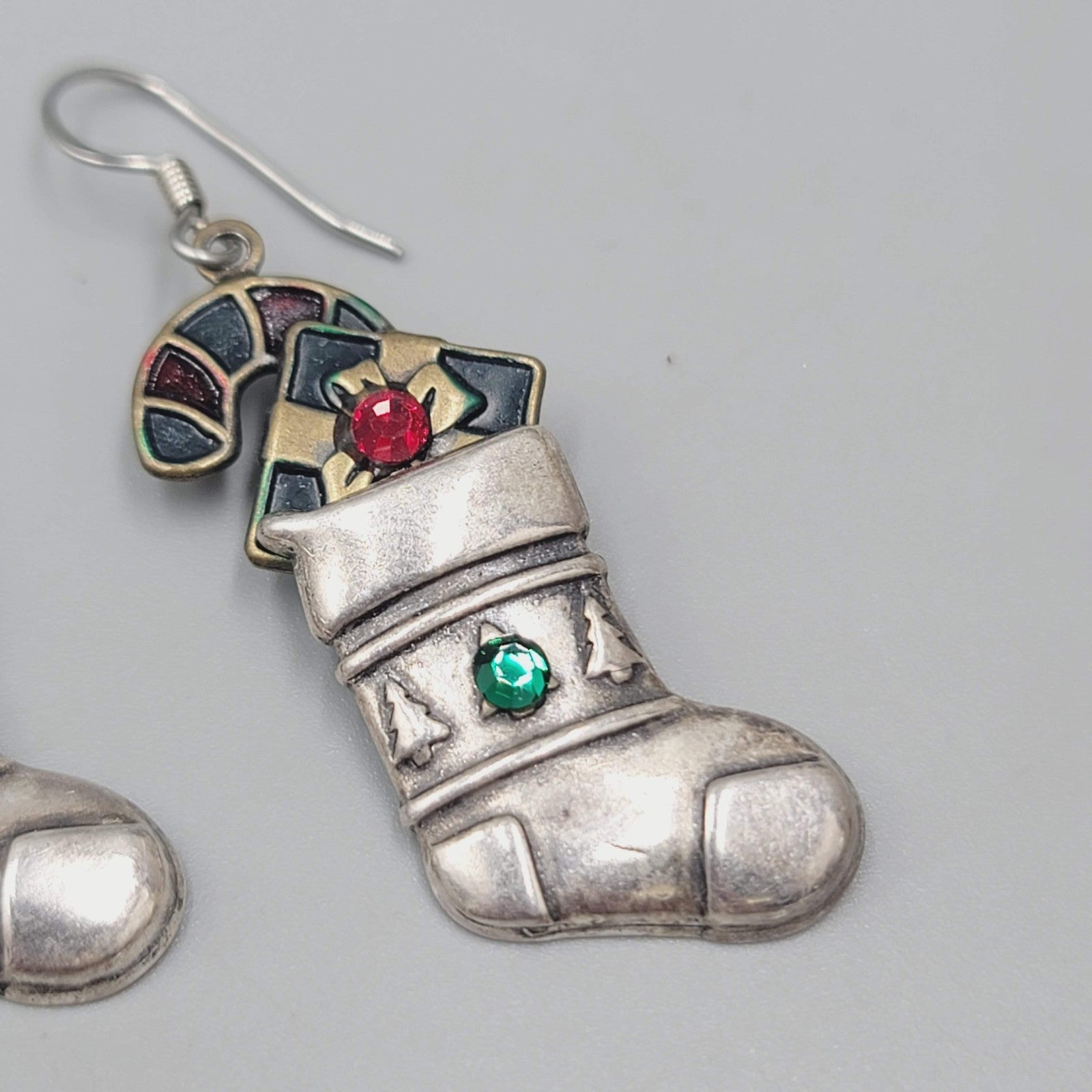Vintage Christmas Stocking Pierced Earrings Enamel Silver tone Dangle 1 3/8"