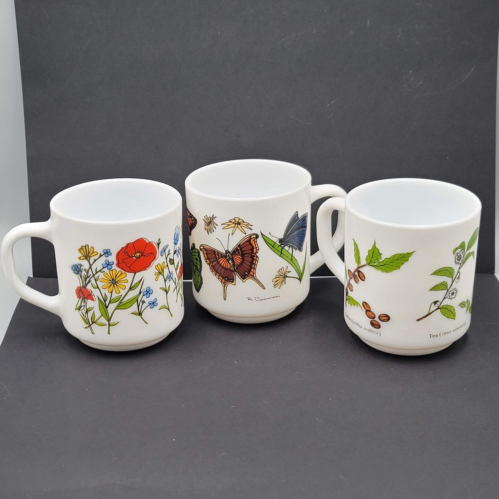 Vtg White Milk Glass Coffee Mugs Made in France Lot of 3 Butterfly Flowers Plant