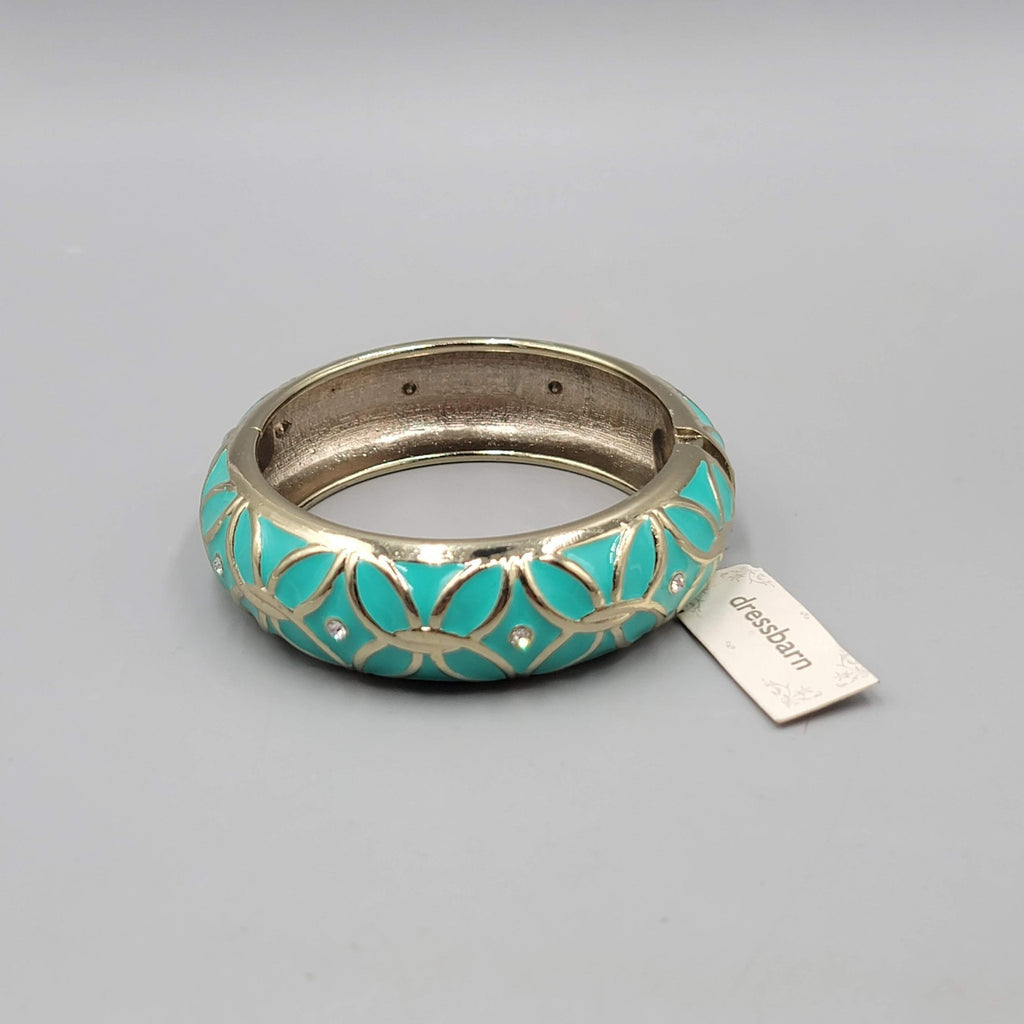 Dress Barn Bracelet NWT Teal Enamel Crystal Hinged Bangle Gold tone 7 in