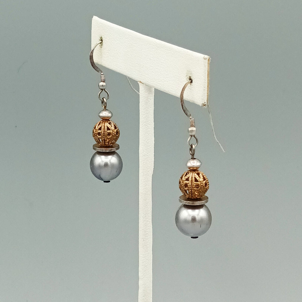 Pierced Earrings Silver tone Faux Silver Pearl Gold tone Filigree Bead Dangle 1"