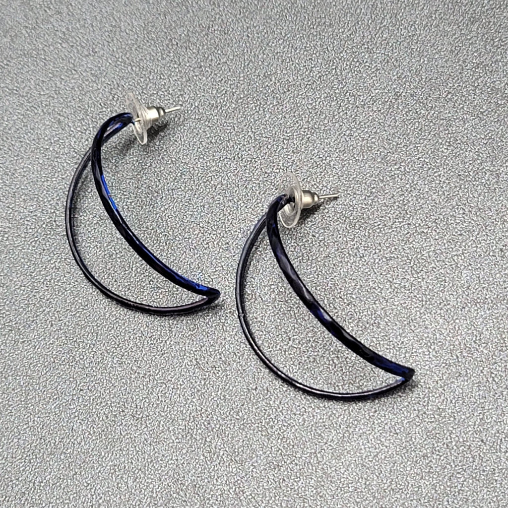 Vintage Pierced Earrings Navy Blue Enamel Open Half Hoops 1.75"