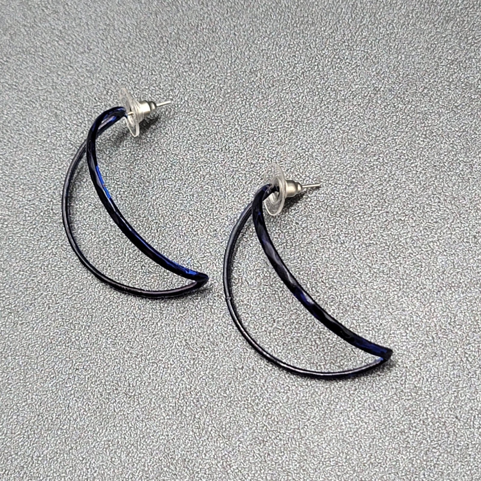 Vintage Pierced Earrings Navy Blue Enamel Open Half Hoops 1.75"