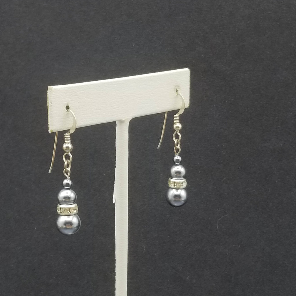 Pierced Earrings Silver tone Blue Faux Pearl Beaded Dangle  3/4"