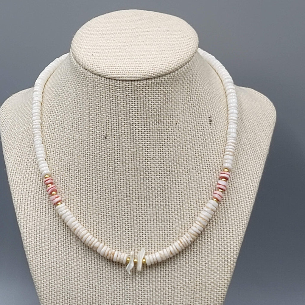 White Shell Mother of Pearl Carved Birds Surfer Beach Bead Beaded Necklace 18"