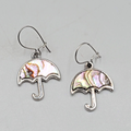 Vintage Umbrella Abalone Inlay Pierced Earrings Silver tone Dangle 3/4"