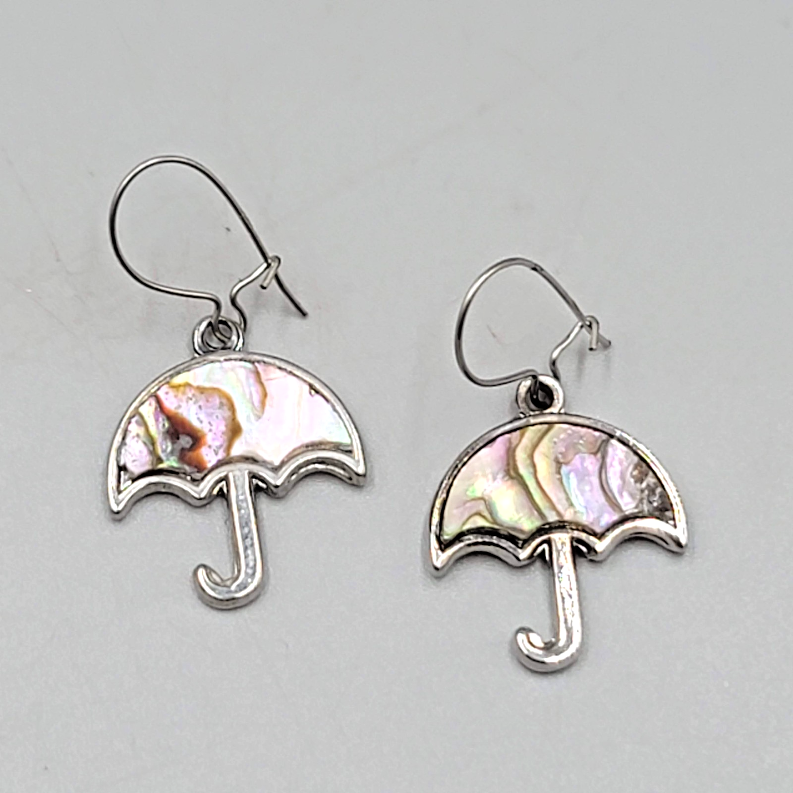 Vintage Umbrella Abalone Inlay Pierced Earrings Silver tone Dangle 3/4"